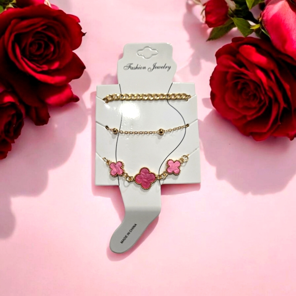 🔥Gold and Pink Flower Ankle Bracelet Set🔥